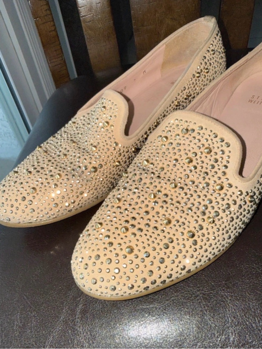 Stuart Weitzman Beige Suede Studded Slip-On Loafer Flats Women’s US 7 M